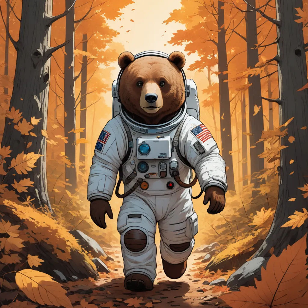 a bear in a space suit walking through a forest with leaves on the ground and trees in the background, space art, a storybook illustration, Chris LaBrooy, josan gonzales and dan mumford
