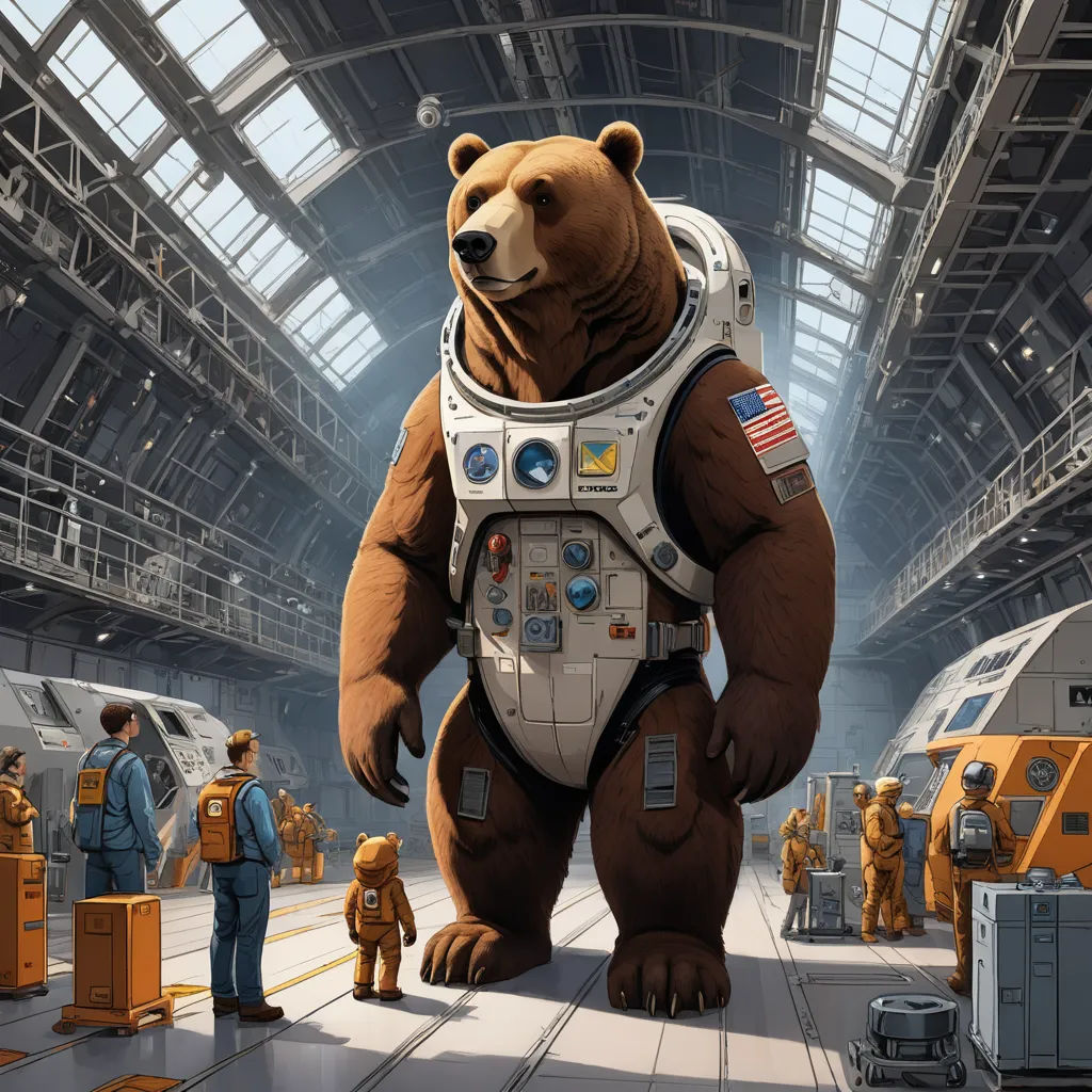 a large bear in a space suit standing in a hangar with other people standing around it and looking at it, space art, concept art, Chris LaBrooy, highly detailed digital painting
