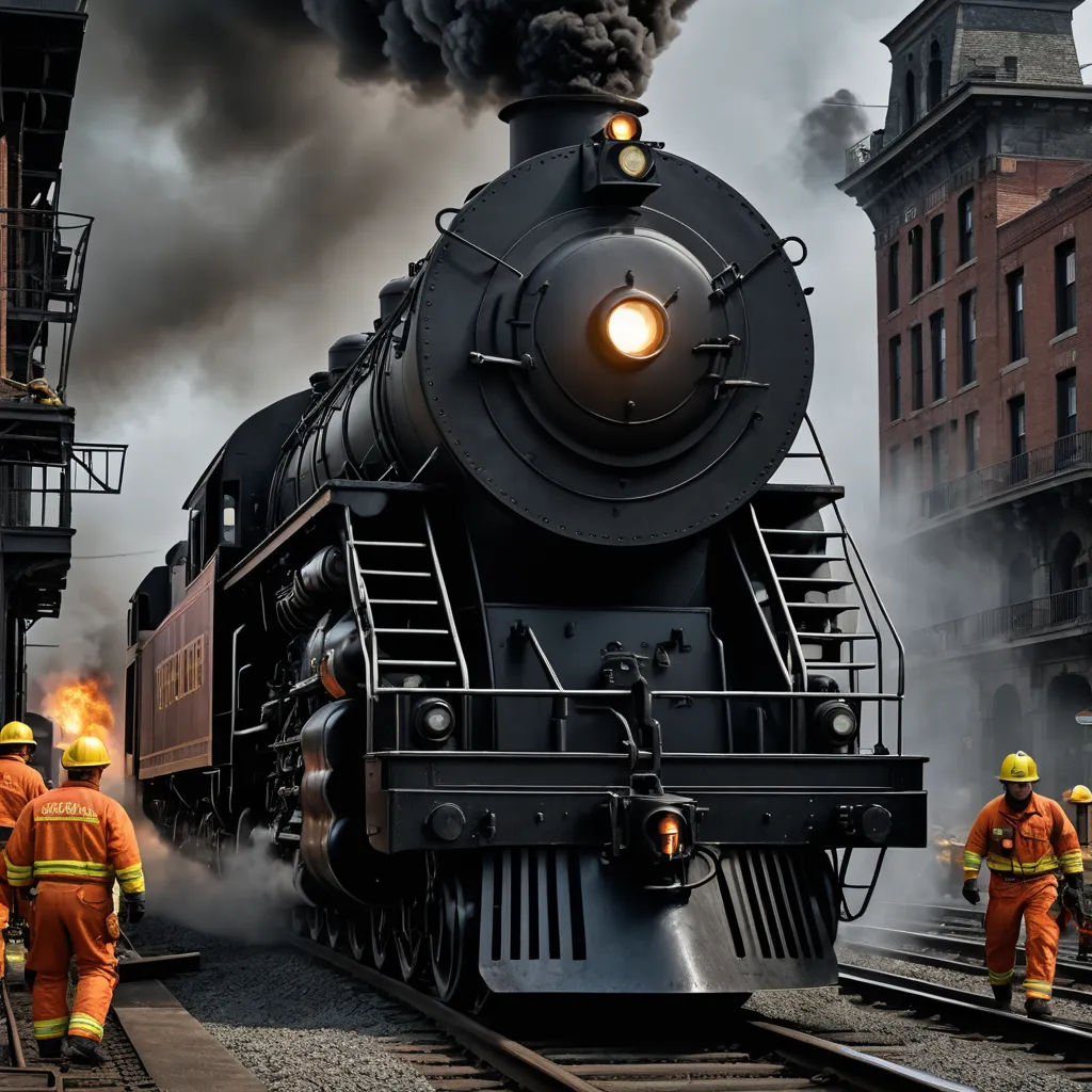 a train with a lot of smoke coming out of it's engine and some men in orange uniforms, photorealism, a detailed matte painting, Evgeny Lushpin, highly detailed digital painting