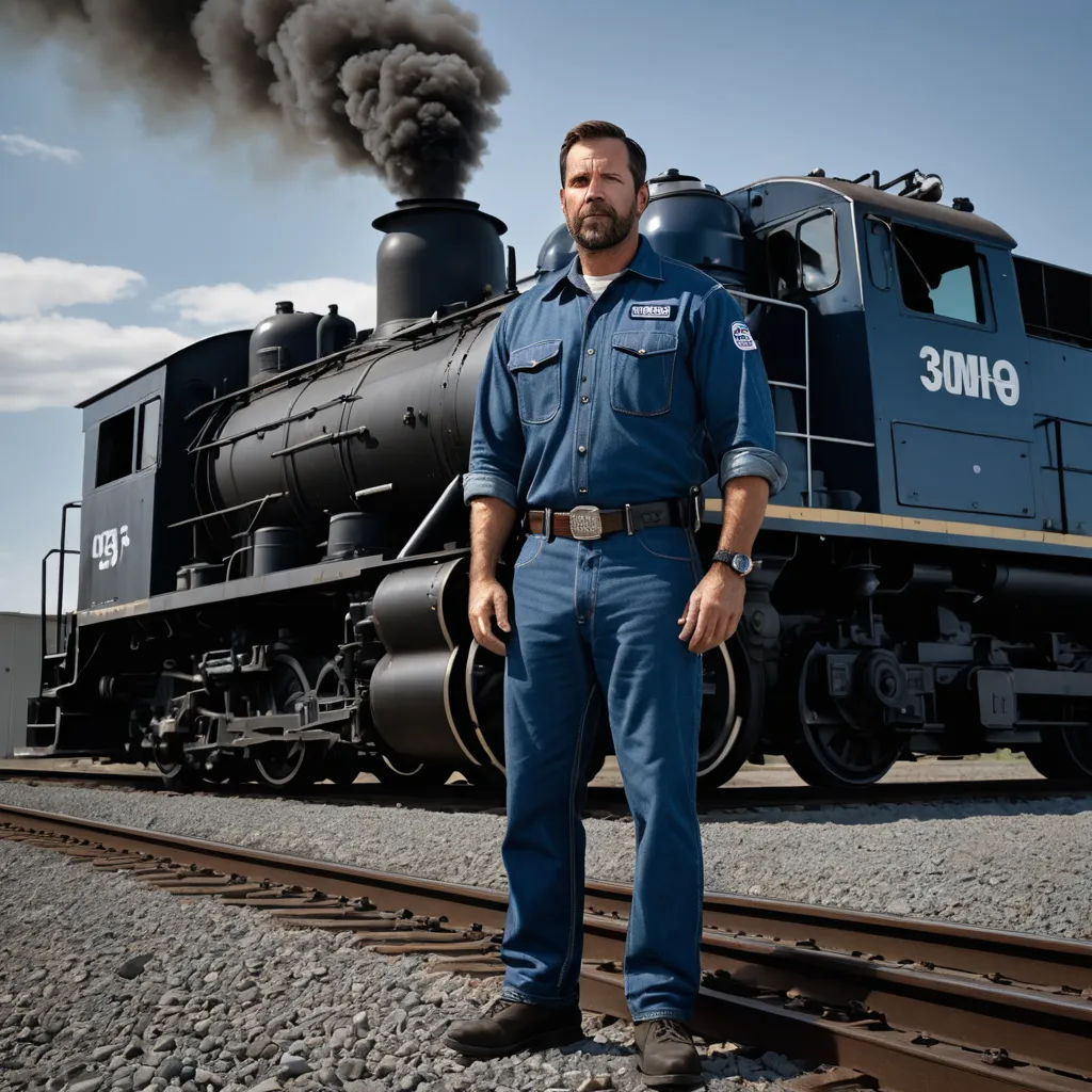 a man standing in front of a train on a track with smoke coming out of it and a train on the tracks, american realism, a character portrait, Brad Holland, promotional image