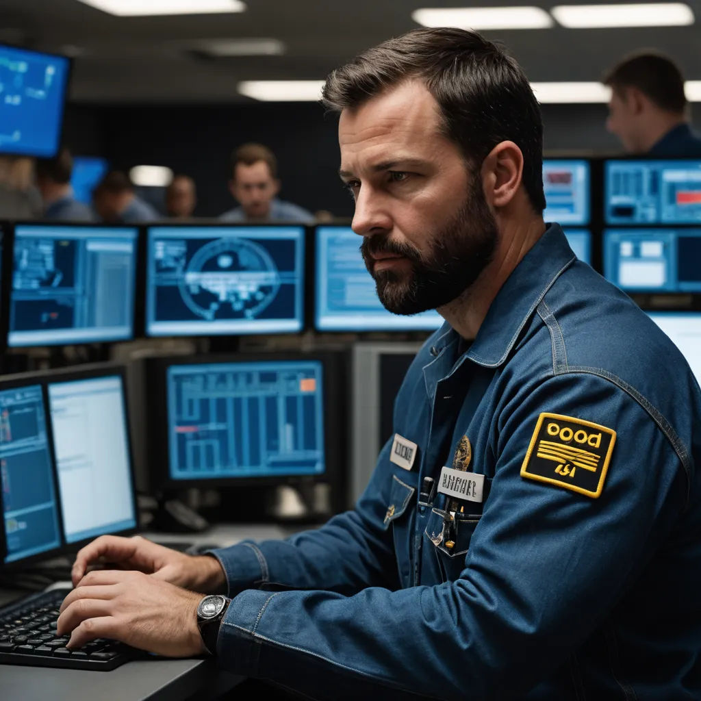 a man in a blue uniform is working on a laptop in a room full of monitors and monitors on the wall, dau-al-set, a stock photo, Dan Scott, promotional image
