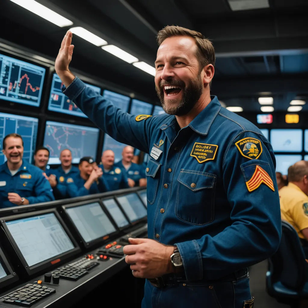 a man in a blue uniform is smiling and pointing to a wall of monitors with other men in the background, space art, a stock photo, Chris Spollen, ue 5