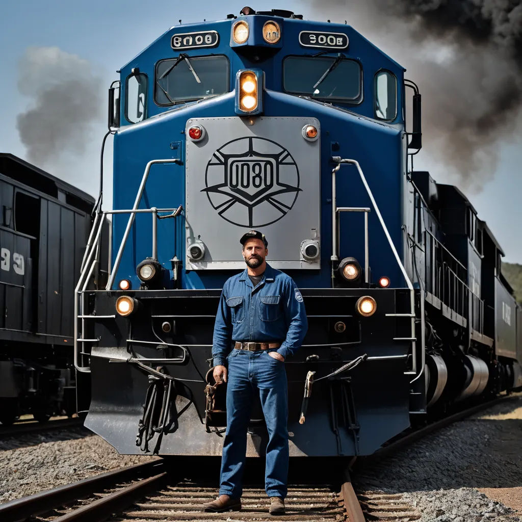 a man standing in front of a train on tracks with smoke billowing out of it's stacks, american realism, a character portrait, Derek Hill, promotional image