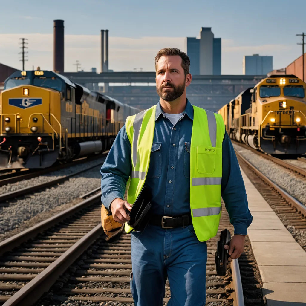 a man in a safety vest standing on train tracks next to trains on the tracks and a train on the tracks, american scene painting, a tilt shift photo, Ben Zoeller, promotional image