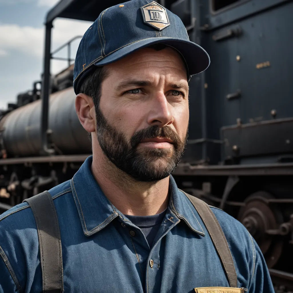 a man with a beard wearing a hat and overalls stands in front of a train engine and looks off to the side, les automatistes, a character portrait, Christian Hilfgott Brand, j. c. leyendecker 8 k