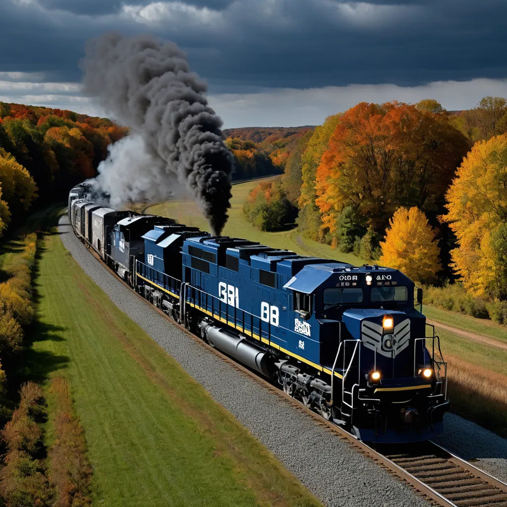 a train is traveling down the tracks in the fall foliages and trees with a dark sky in the background, regionalism, a digital rendering, Art Brenner, award-winning photograph