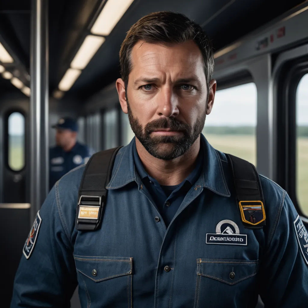 a man in a uniform is standing on a train looking at the camera man is wearing a camera strap, american realism, a character portrait, Chris LaBrooy, promotional image