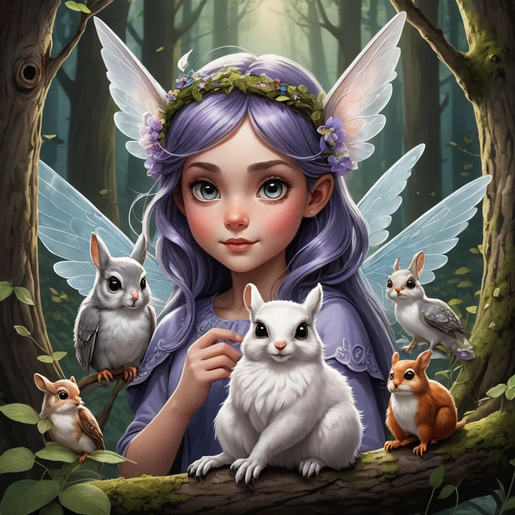 a girl with blue hair and a wreath of leaves with rabbits and rabbits in the woods, surrounded by trees, fantasy art, a storybook illustration, Anna Dittmann, highly detailed digital painting