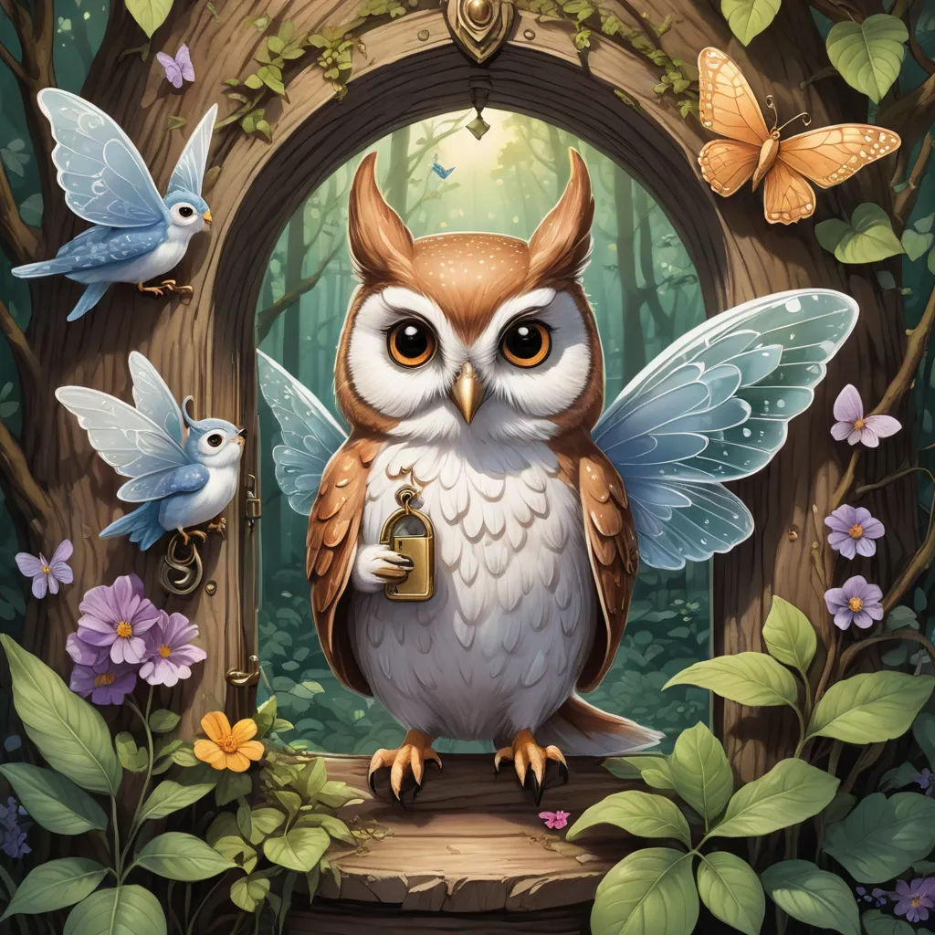 a painting of an owl with a bell in its hand and two birds flying around it, in a forest, fantasy art, a storybook illustration, Chris LaBrooy, fantasy illustration