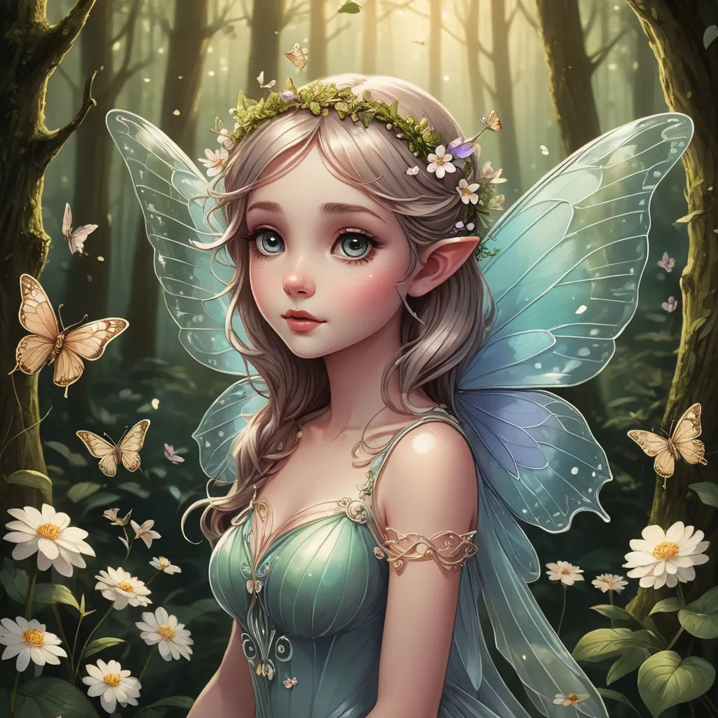 a fairy with a flower crown in a forest with daisies and butterflies around her head and a butterfly in her hair, fantasy art, a detailed painting, Anne Stokes, fantasy artwork