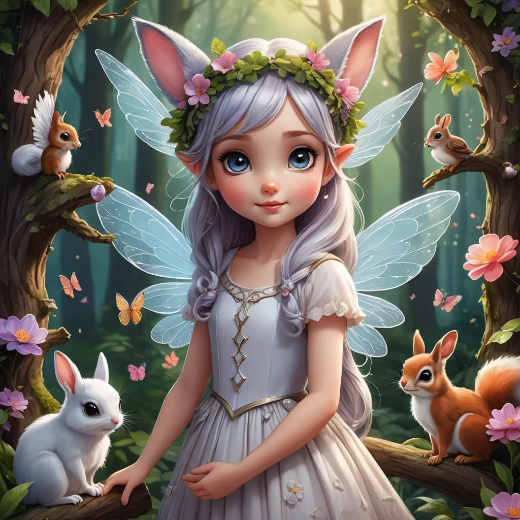 a fairy with a rabbit and a squirrel in a forest with flowers and butterflies around her head and a forest scene with a girl and a rabbit, fantasy art, a storybook illustration, Anne Stokes, highly detailed digital painting