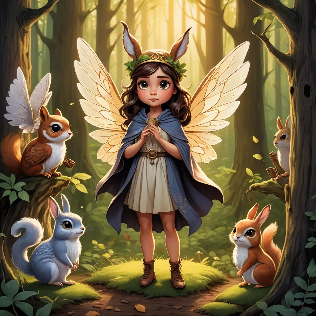 a fairy with many animals around her in the woods with a forest background and a forest scene with a girl surrounded by animals, fantasy art, a storybook illustration, Cliff Childs, fantasy illustration