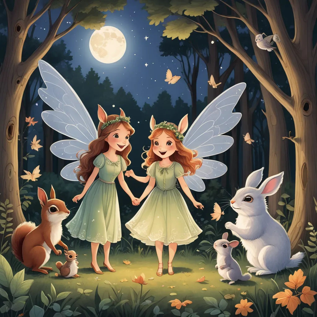 two fairy girls holding hands in the woods with rabbits and rabbits around them, with a full moon in the background, fantasy art, a storybook illustration, Elinor Proby Adams, storybook illustration