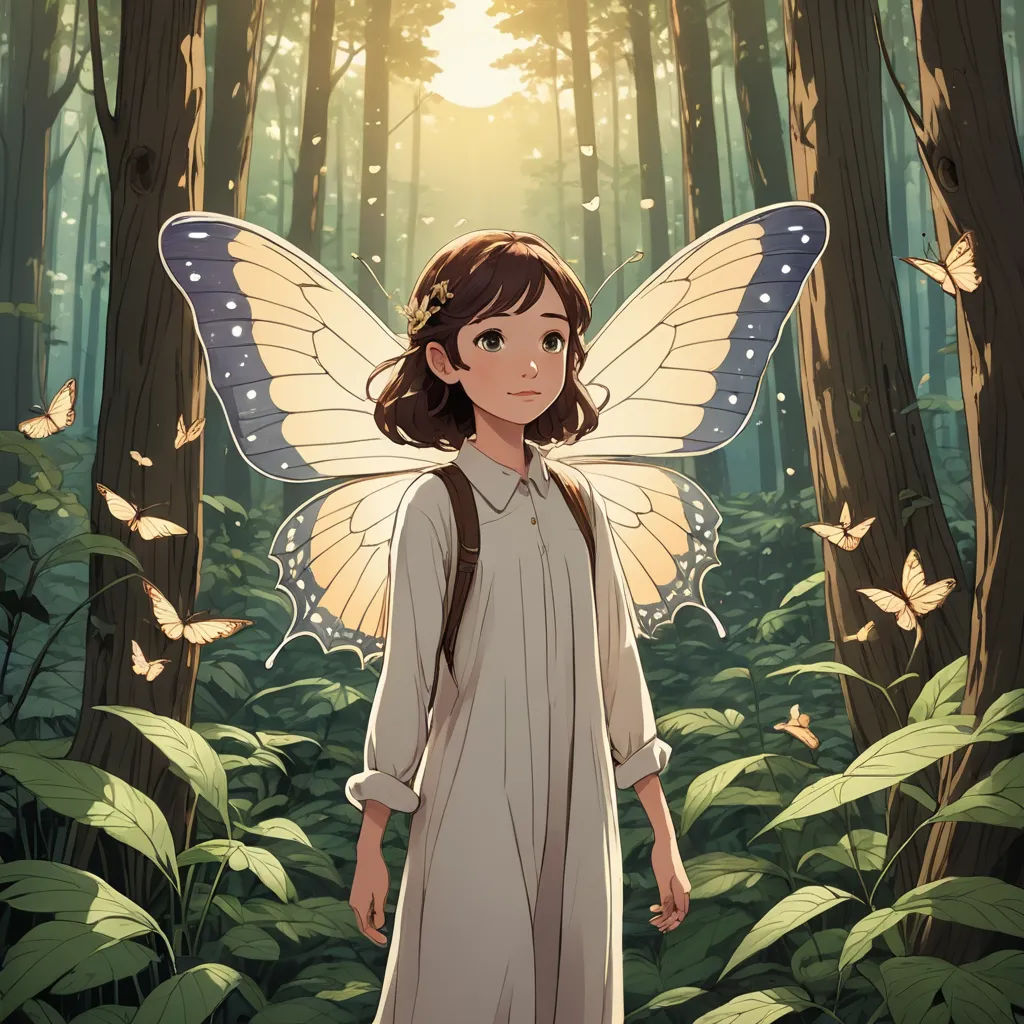 a girl in a white dress with a butterfly on her back standing in a forest with butterflies around her, magic realism, a storybook illustration, Cliff Childs, rossdraws global illumination