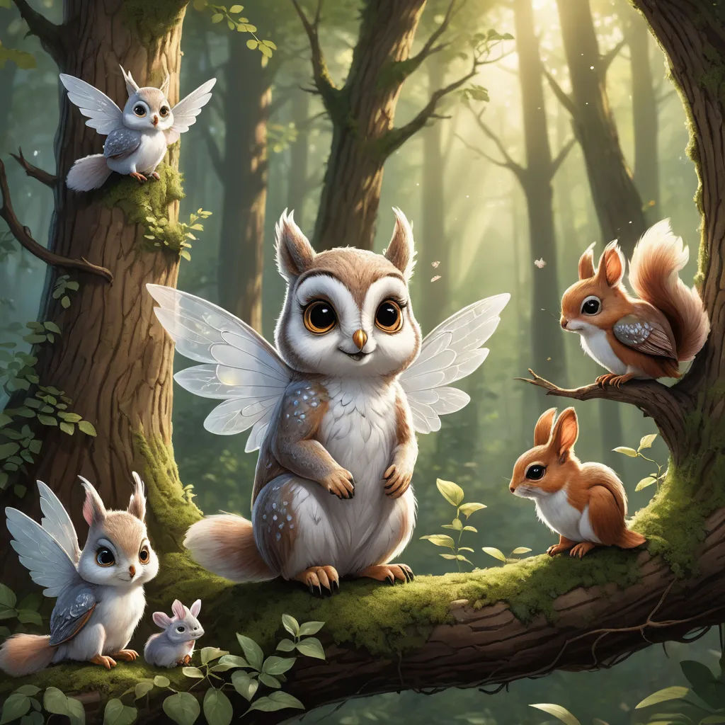 a painting of a forest with a group of animals in it's habitat, including a squirrel, a squirrel, and a squirrel, fantasy art, a storybook illustration, David Martin, highly detailed digital painting