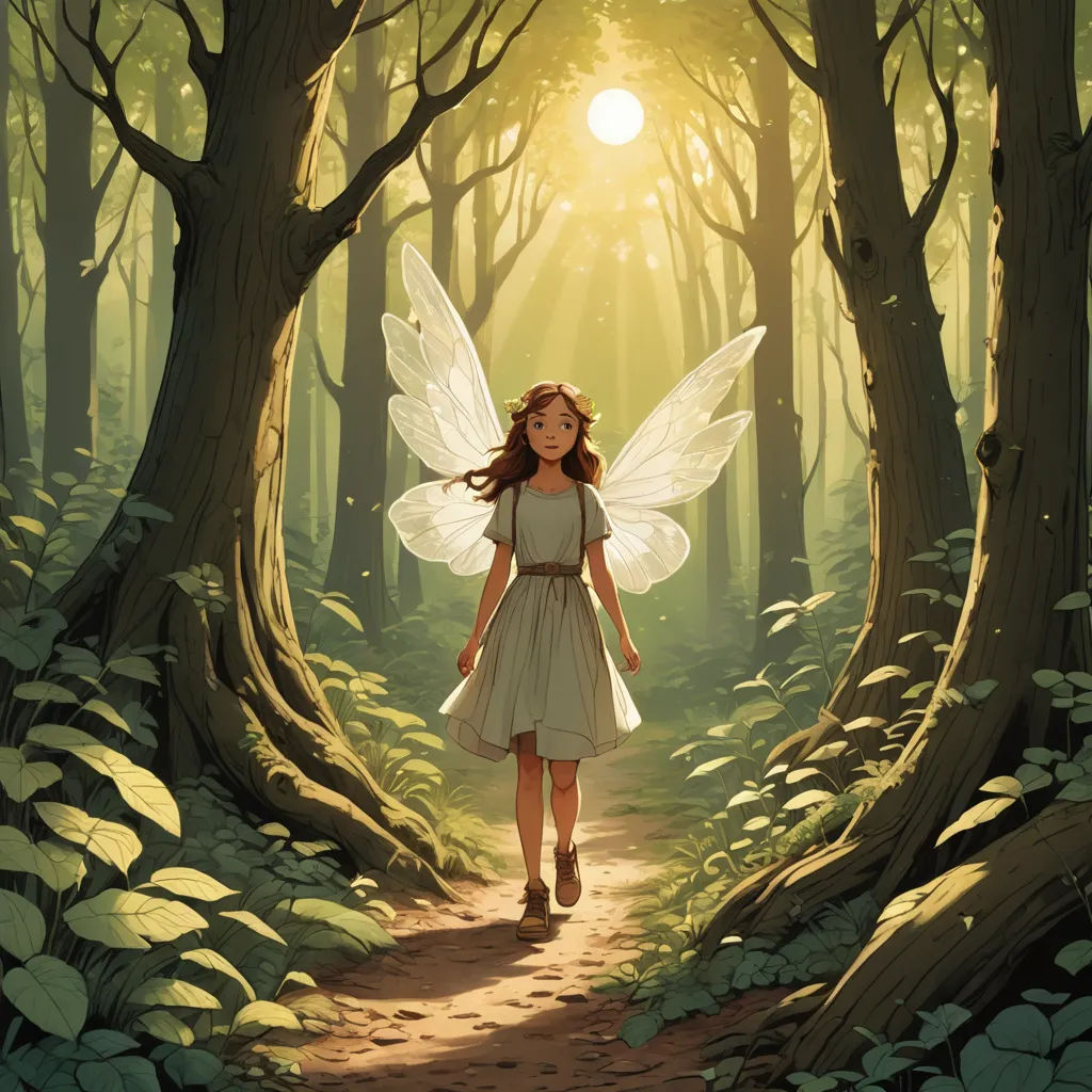 a fairy walking through a forest with a light shining on her face and wings on her back, with a sun shining through the trees, fantasy art, a storybook illustration, Cliff Childs, rossdraws global illumination