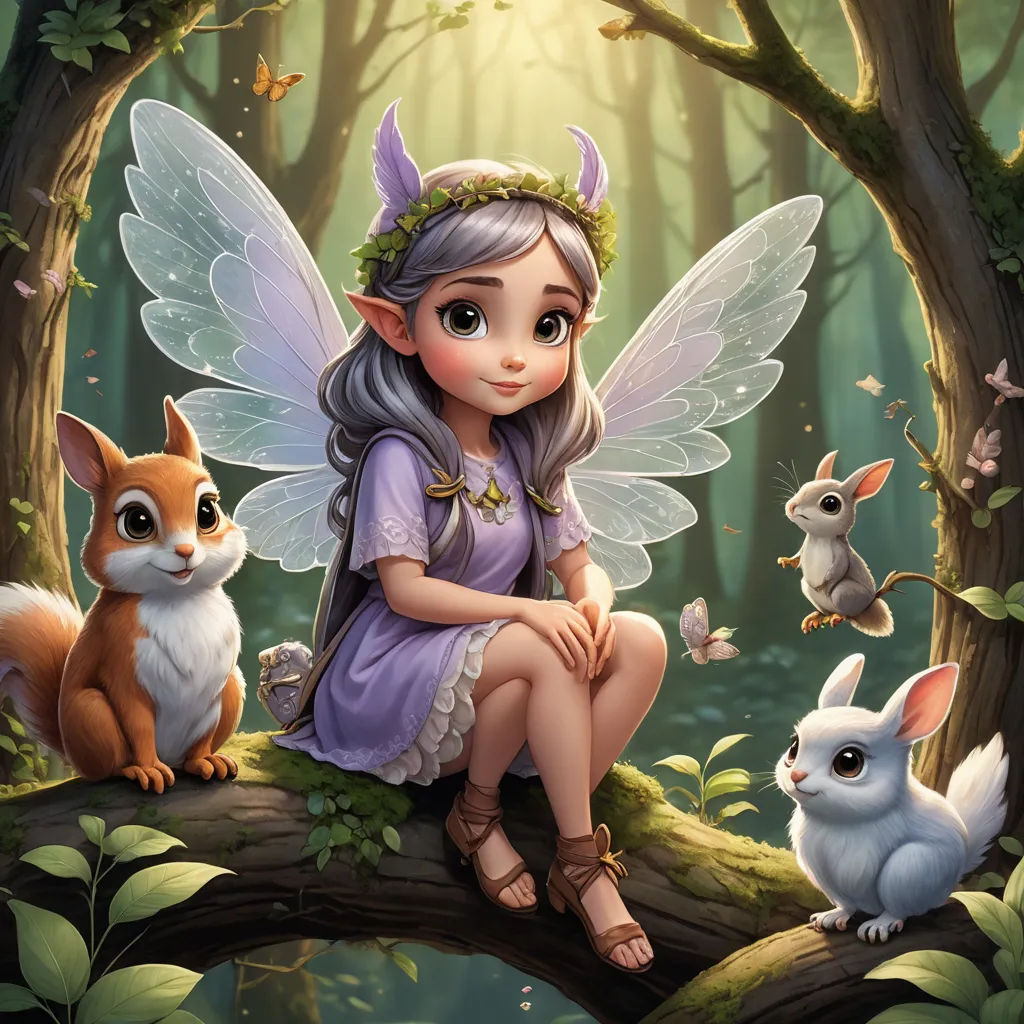a fairy sitting on a branch with two rabbits and a squirrel in the woods behind her is a forest scene, fantasy art, a storybook illustration, Cliff Childs, rossdraws global illumination
