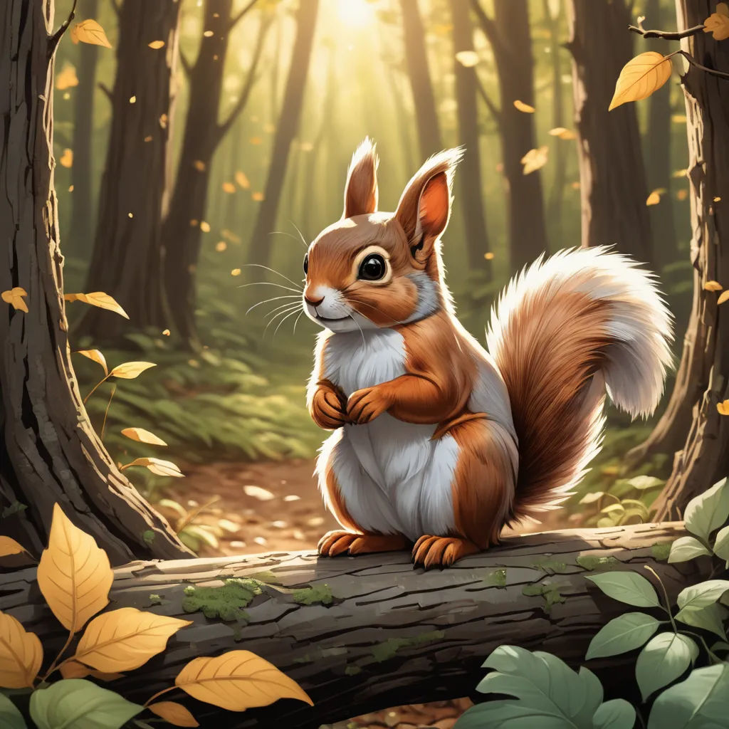 a squirrel sitting on a log in a forest with leaves around it and a sunbeam in the background, furry art, a digital painting, Chris LaBrooy, trending on art station