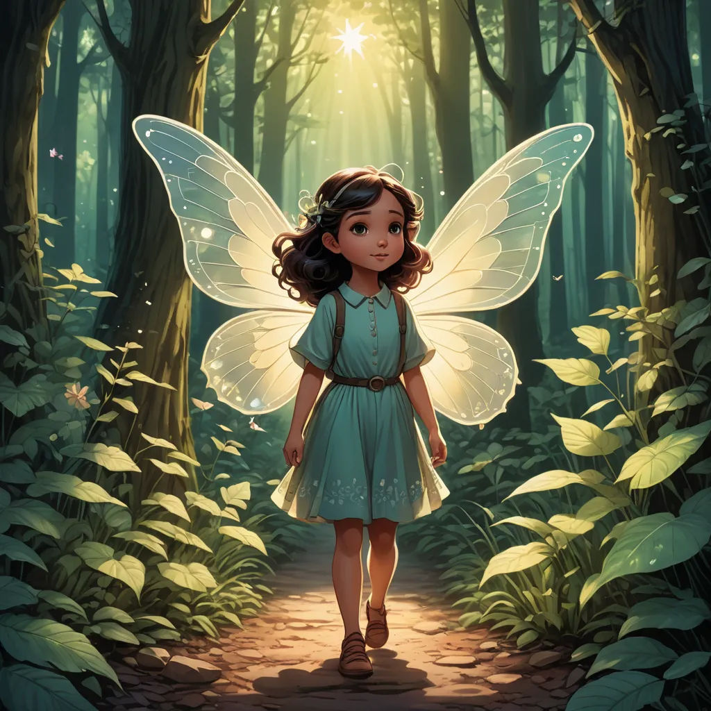 a little girl dressed in a fairy costume walking through a forest with a light shining on her wings and a forest path, fantasy art, a storybook illustration, Cliff Childs, rossdraws global illumination
