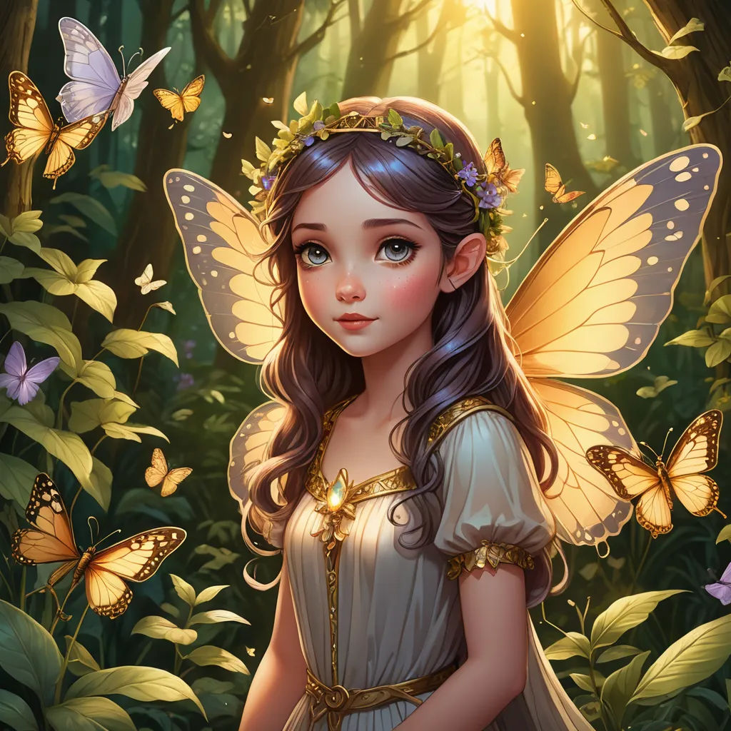 a fairy with a butterfly crown in a forest with butterflies around her head and a butterfly in her hair, fantasy art, a storybook illustration, Anne Stokes, rossdraws global illumination