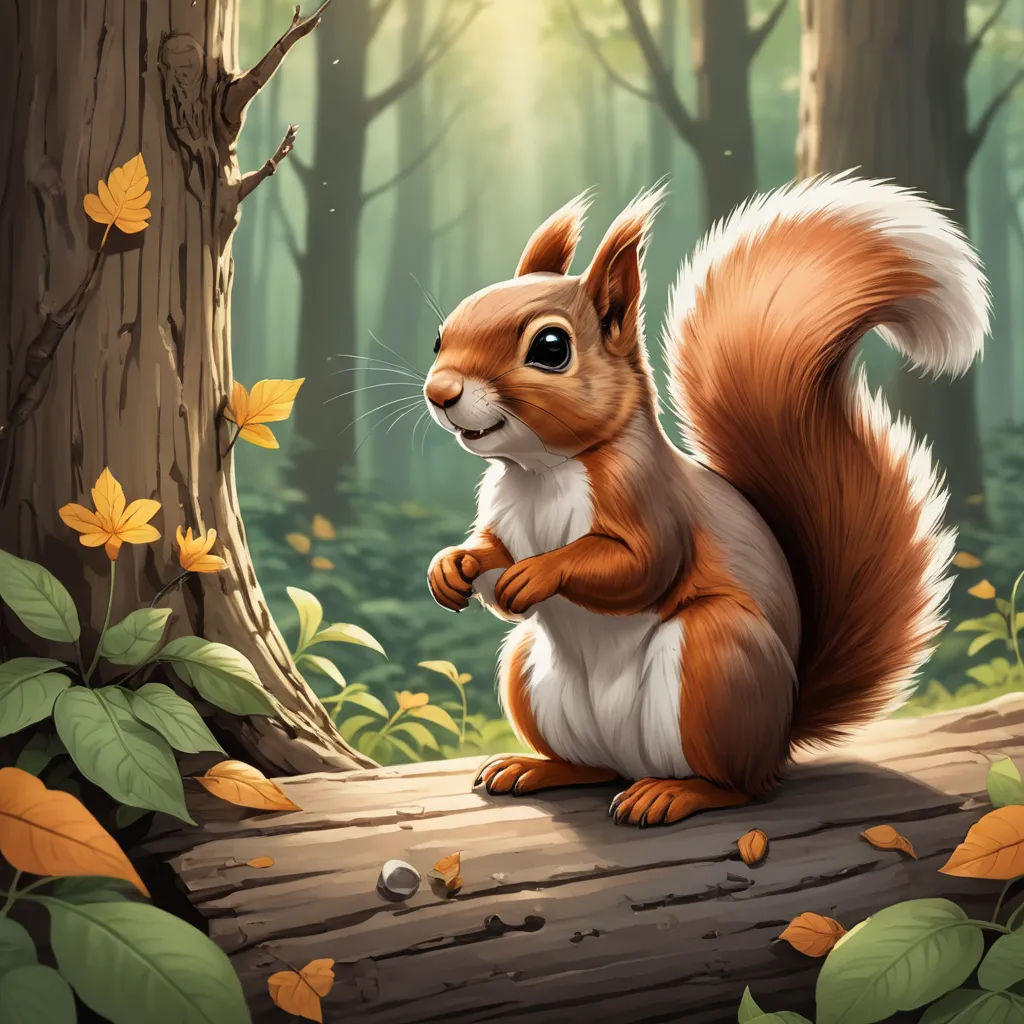 a squirrel is sitting on a log in the woods with leaves around it and looking up at the camera, furry art, a digital painting, Chris LaBrooy, trending on art station