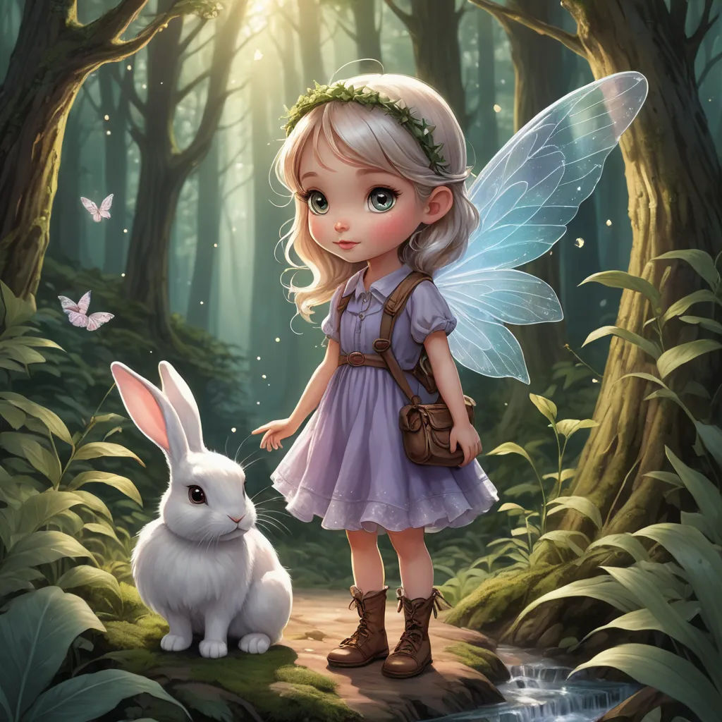 a fairy with a rabbit in a forest with a stream and butterflies flying around her, and a fairy with a bag on her shoulder, fantasy art, a storybook illustration, Alice Prin, rossdraws global illumination