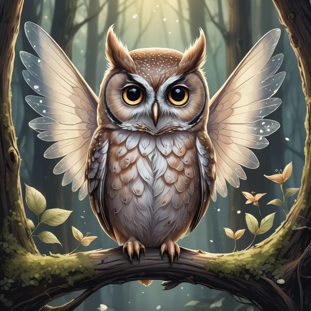a painting of an owl sitting on a branch in a forest with leaves and a light shining through the trees, fantasy art, a storybook illustration, Cyril Rolando, rossdraws global illumination