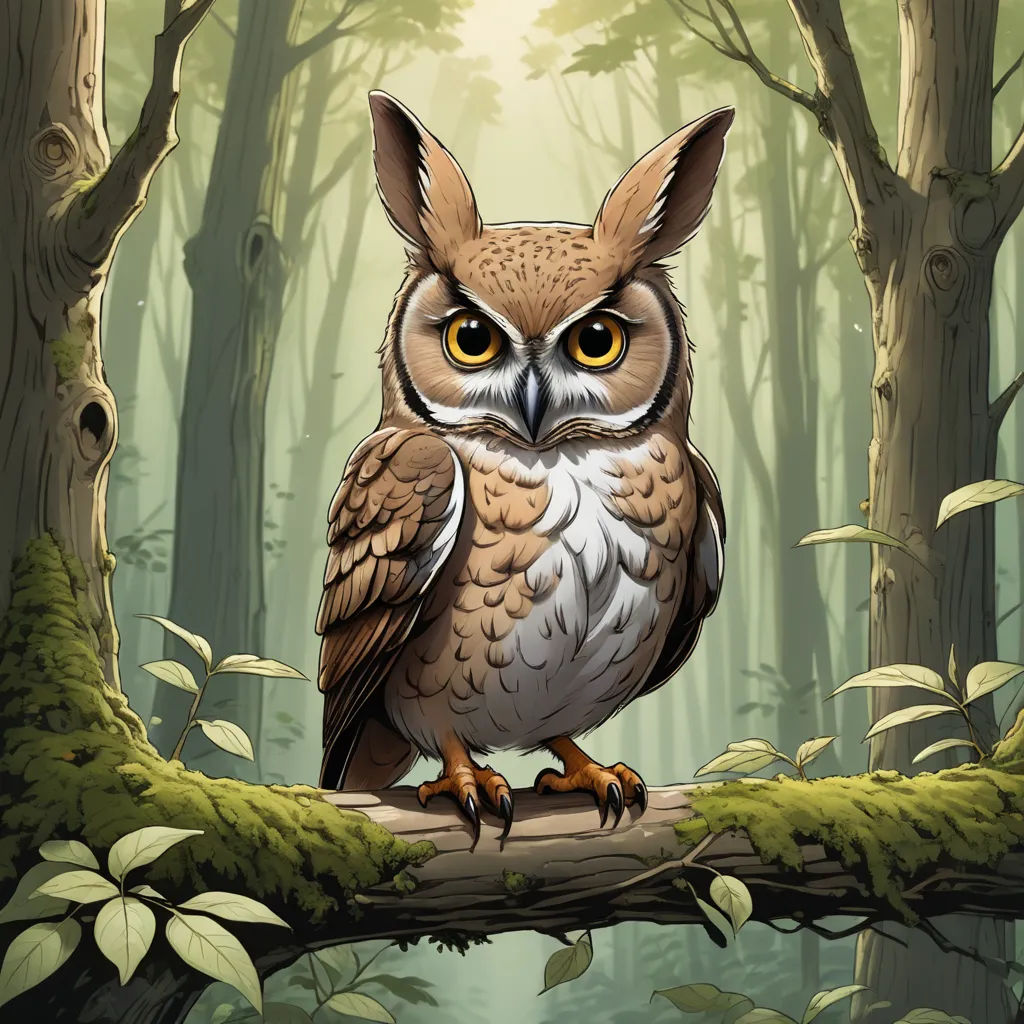 a bird sitting on a branch in a forest with trees and leaves around it, with a yellow - eyed owl in the foreground, fantasy art, a storybook illustration, Dan Mumford, magic the gathering artwork
