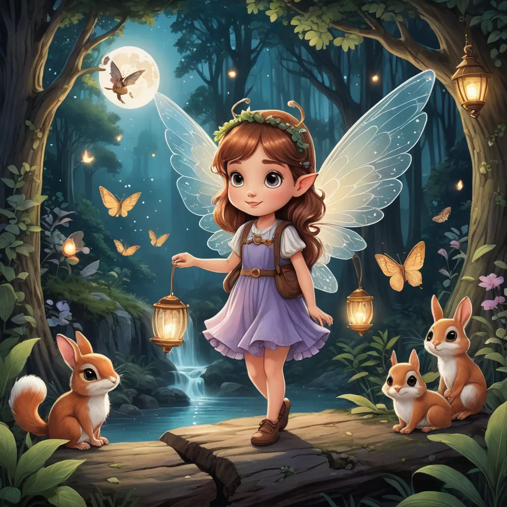 a fairy with a lantern and her animals in the forest by a stream of water and a forest scene, fantasy art, a storybook illustration, Anne Stokes, kinkade