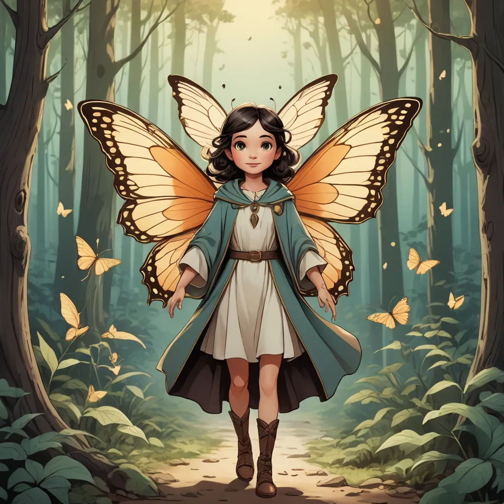a fairy with a butterfly wings standing in a forest with butterflies around her and a forest path leading to the forest, fantasy art, a storybook illustration, Cliff Childs, storybook illustration