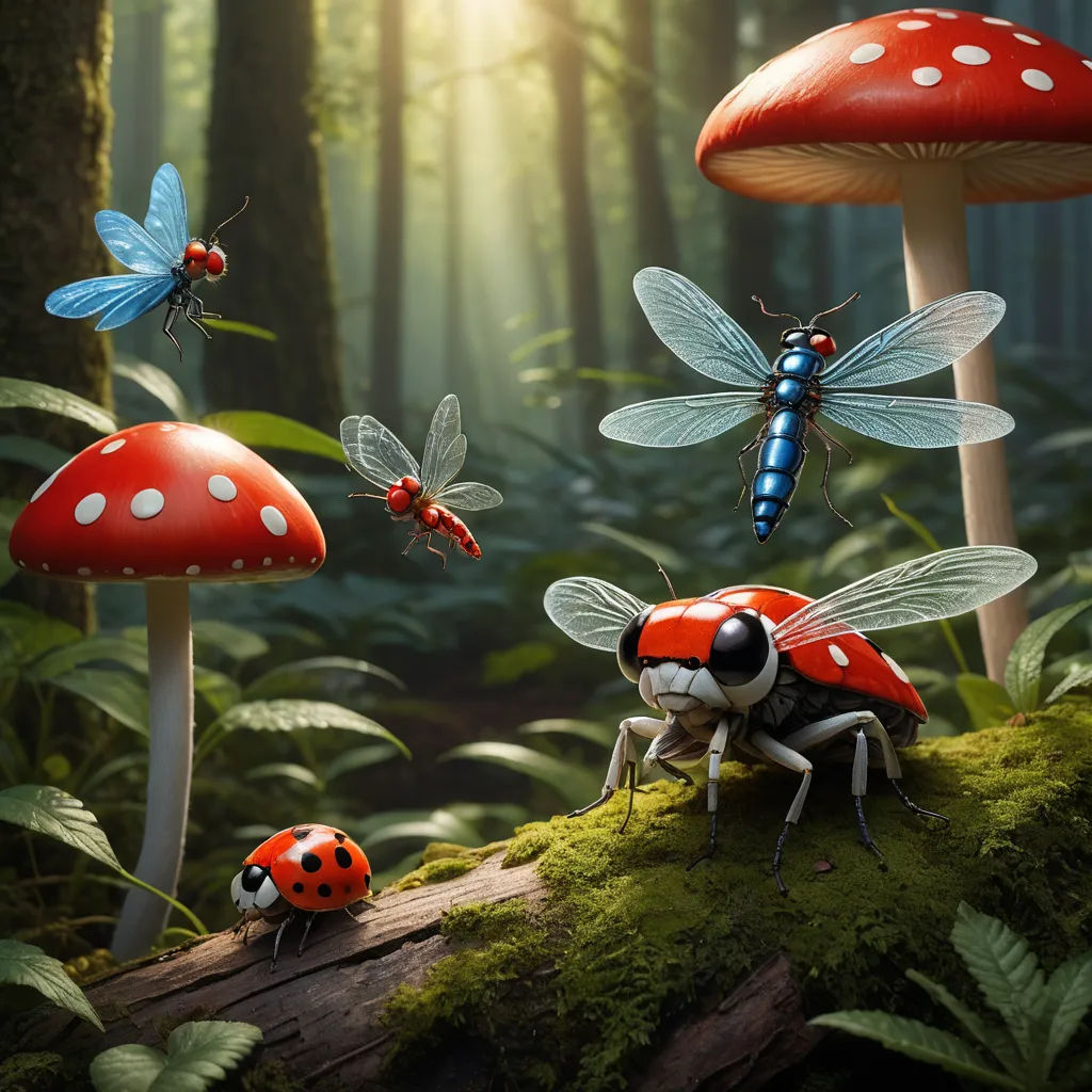 a group of bugs sitting on top of a moss covered forest next to a mushroom and a lady bug, fantasy art, a 3D render, Chris LaBrooy, highly detailed digital painting