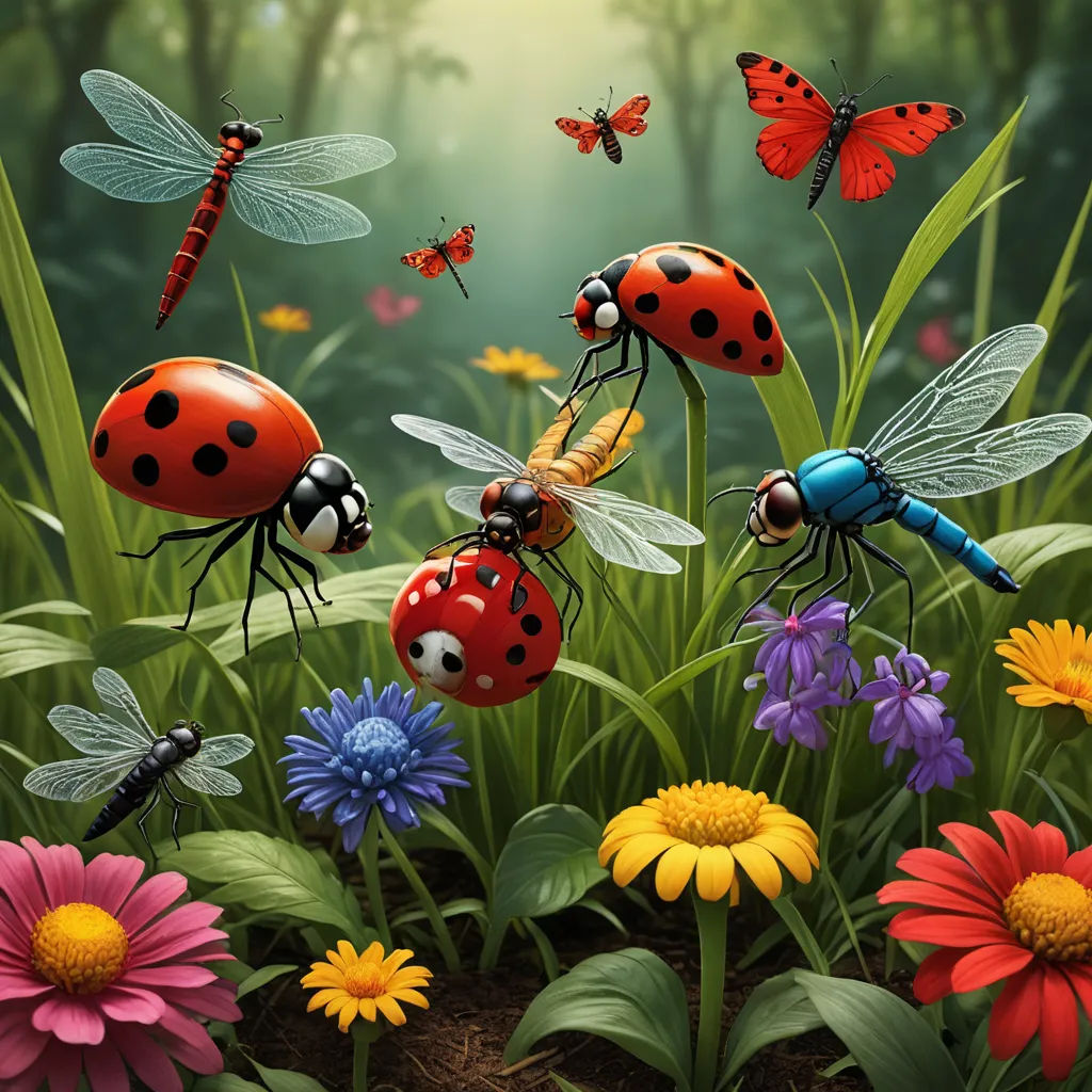 a painting of bugs and flowers in a forest with butterflies and ladybugs flying around them and a dragonfly on the ground, fantasy art, computer graphics, Chris LaBrooy, highly detailed digital painting