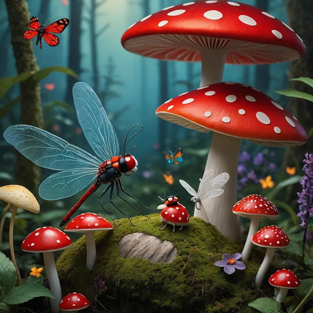 a group of mushrooms with a dragon fly by them on a mossy surface with butterflies and flowers around, fantasy art, a storybook illustration, David Martin, highly detailed digital painting