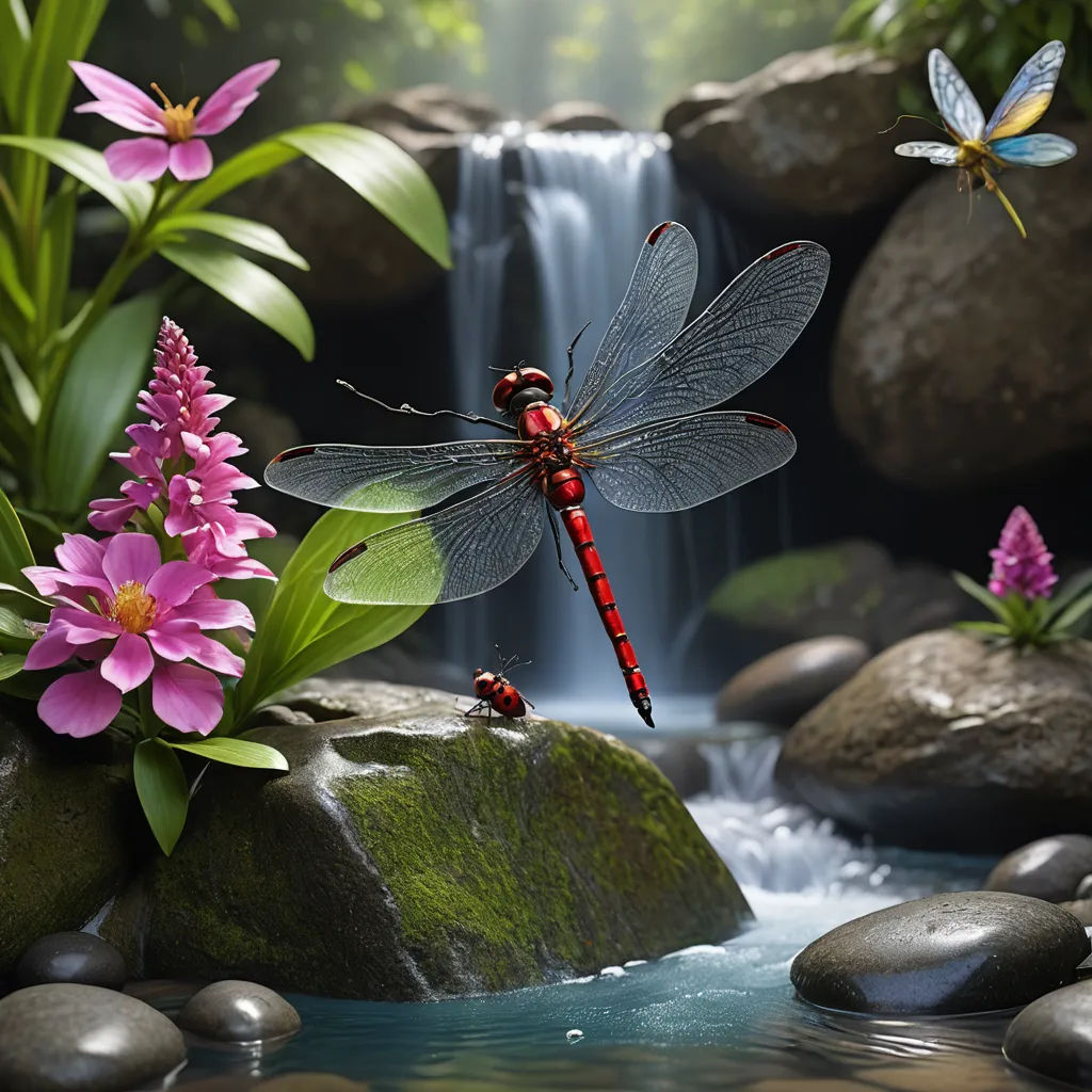 a dragonfly flying over a waterfall with pink flowers and rocks in the foreground and a waterfall in the background, magic realism, a 3D render, David Martin, highly detailed digital painting