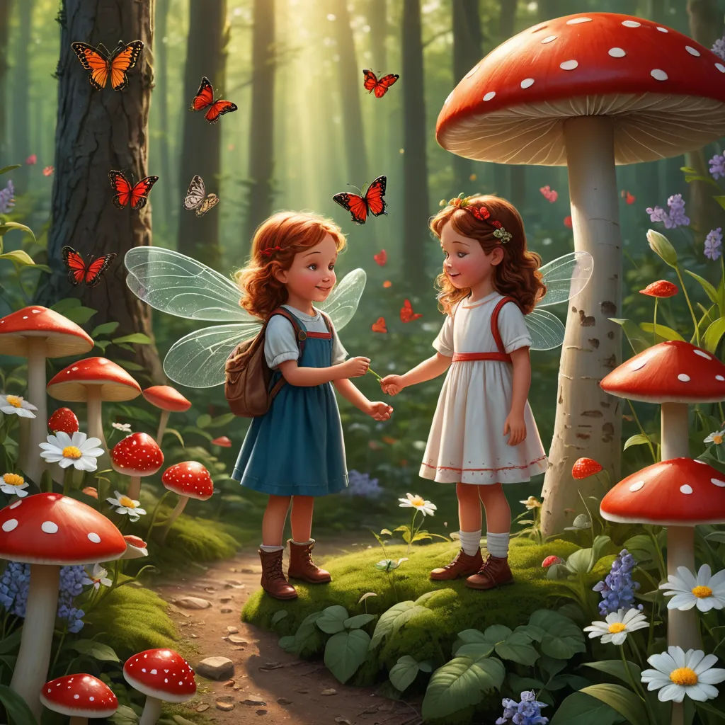 two little girls are standing in the woods with butterflies on their backs and a mushroom - like area behind them, fantasy art, a storybook illustration, Anne Stokes, storybook illustration