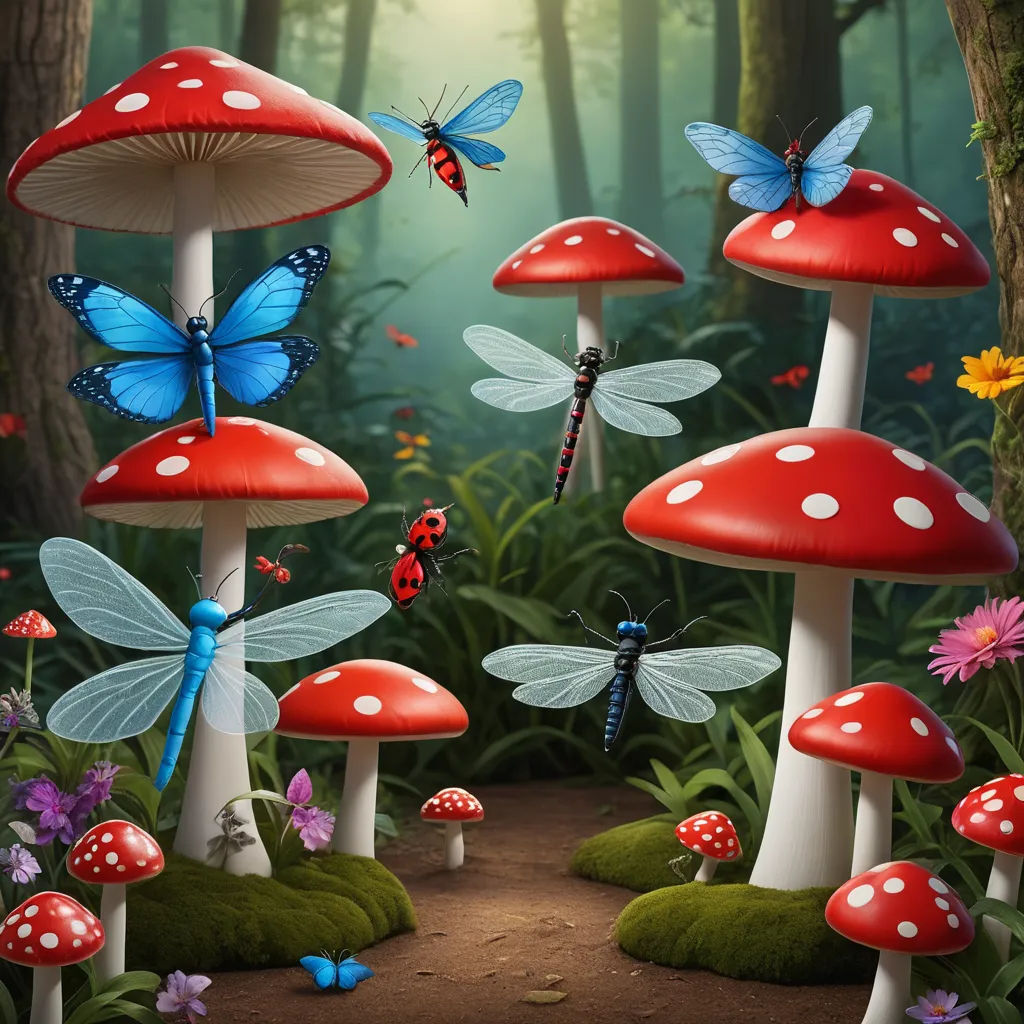 a group of dragon fly over a group of mushrooms in a forest with flowers and butterflies flying around them, magic realism, a storybook illustration, David Martin, highly detailed digital painting