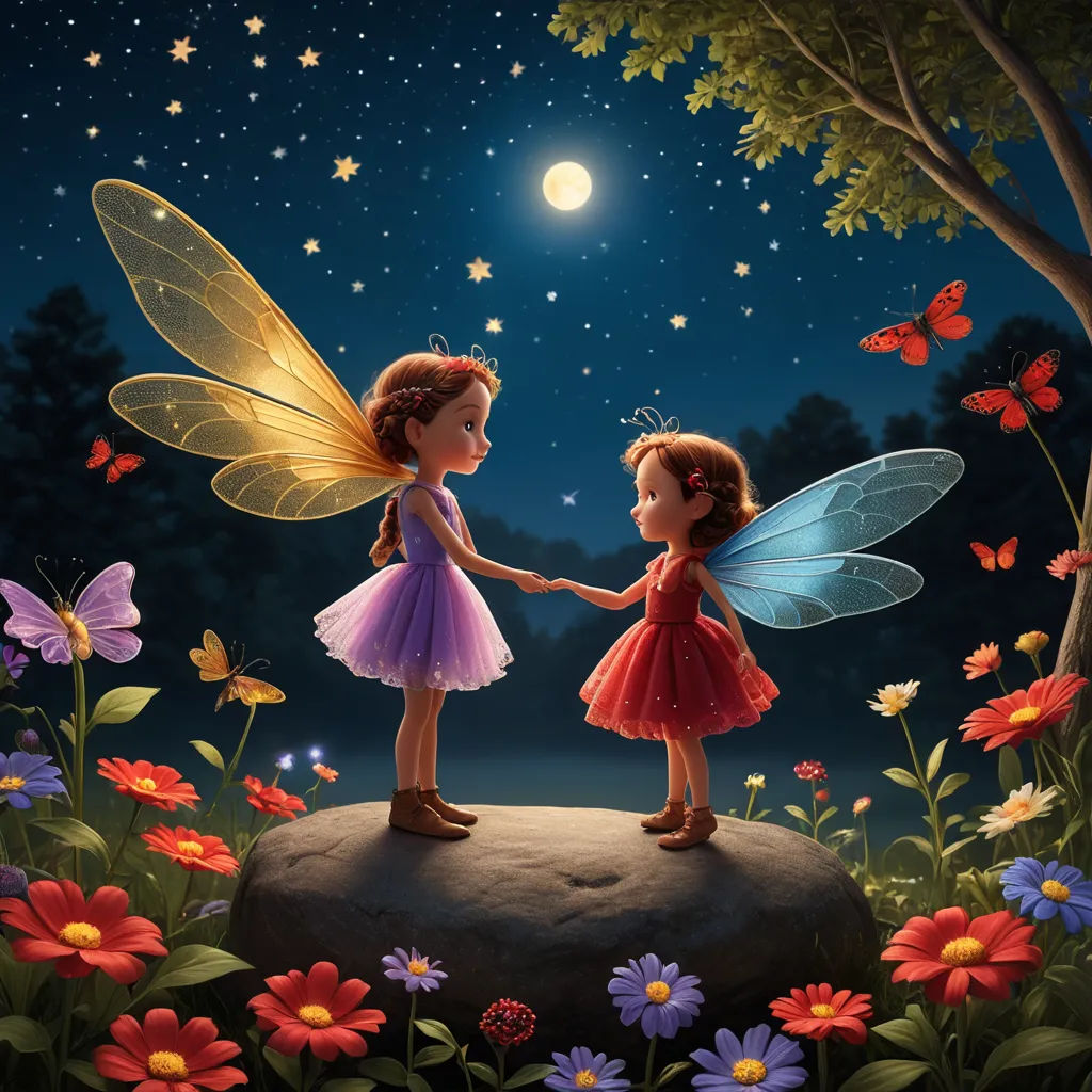 two little girls dressed in fairy costumes holding hands in a field of flowers and butterflies at night with a full moon, magical realism, a storybook illustration, Cliff Childs, storybook illustration