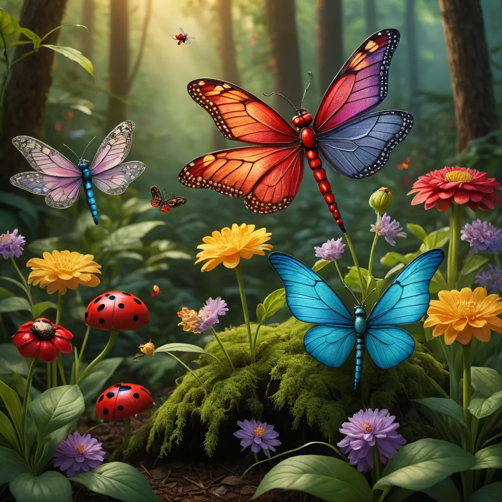 a painting of a forest with butterflies and flowers in the foreground and a lady bug in the background, magic realism, a storybook illustration, Anne Stokes, highly detailed digital painting