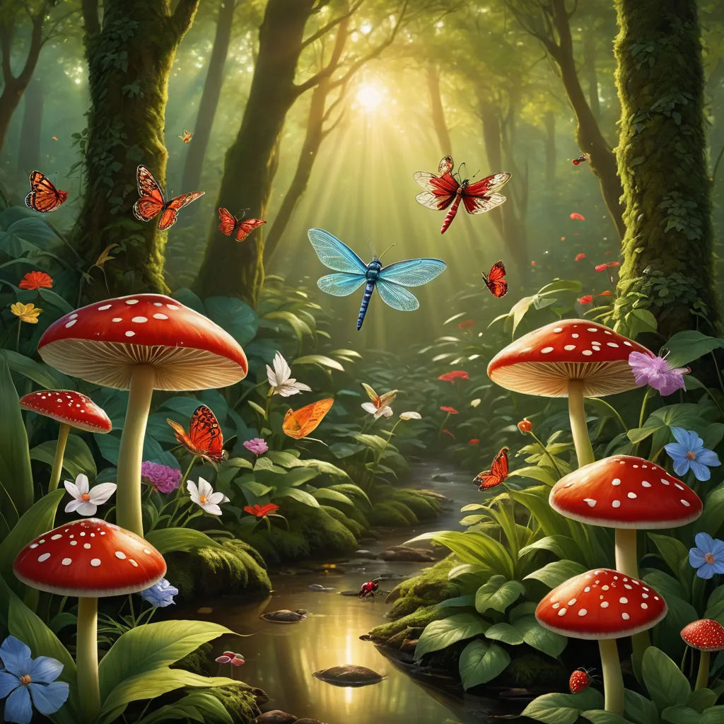 a painting of a forest with butterflies and a stream of water in the foreground and a stream of water running through the middle, magic realism, a storybook illustration, Anne Stokes, whimsical