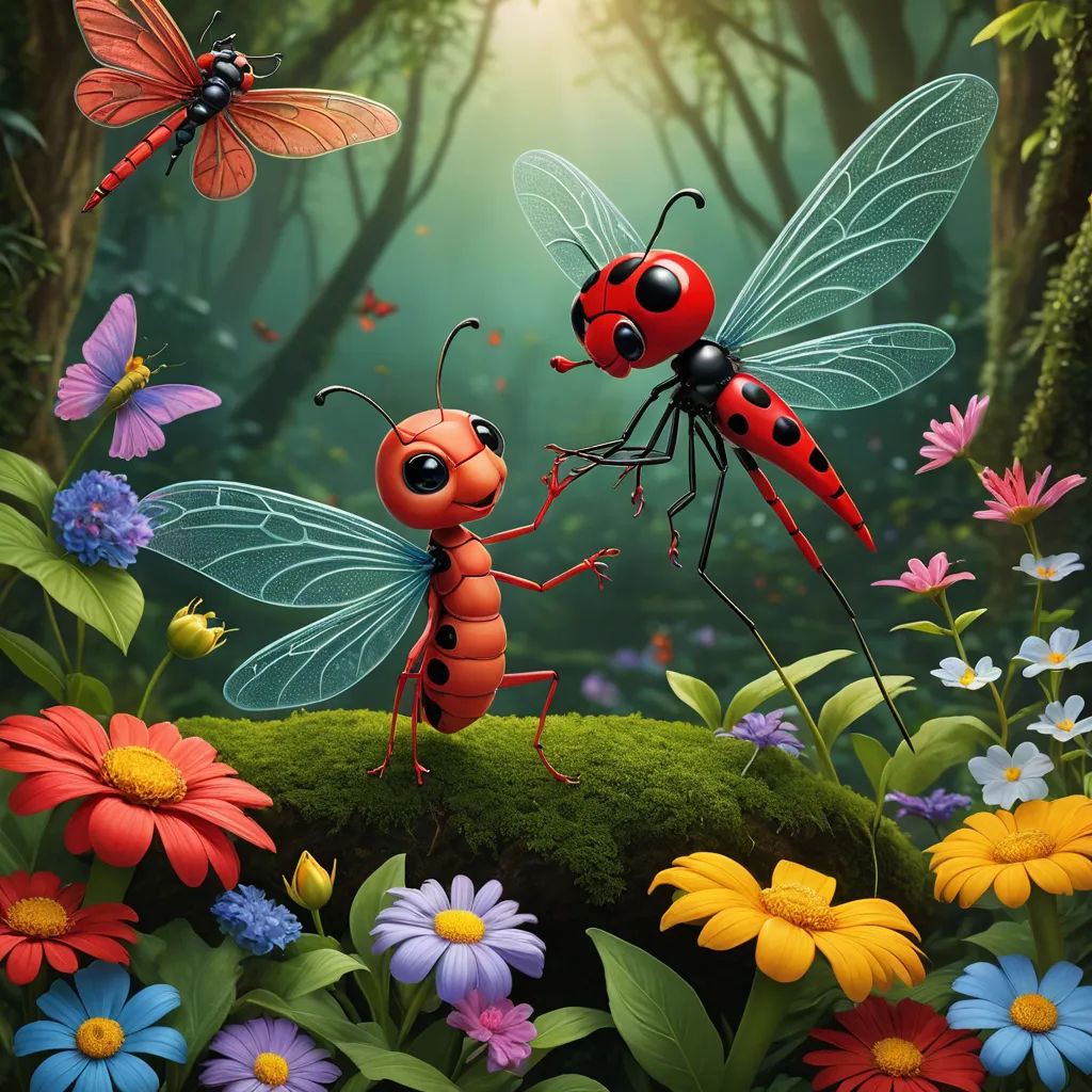 a couple of bugs standing on top of a lush green field of flowers and daisies next to a forest, fantasy art, a storybook illustration, Chris LaBrooy, highly detailed digital painting