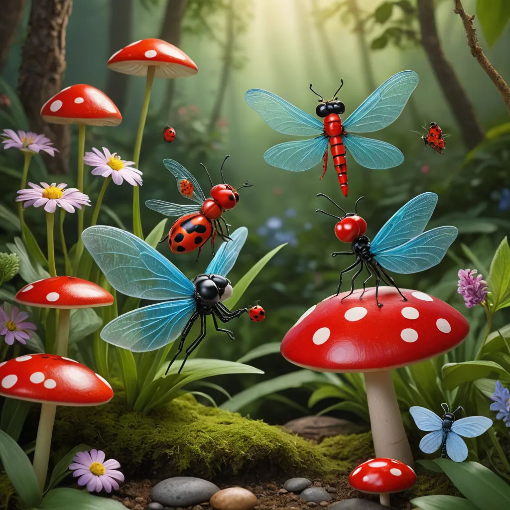 a group of bugs sitting on top of a mushroom covered forest floor next to a forest filled with flowers, magic realism, a storybook illustration, David Martin, highly detailed digital painting