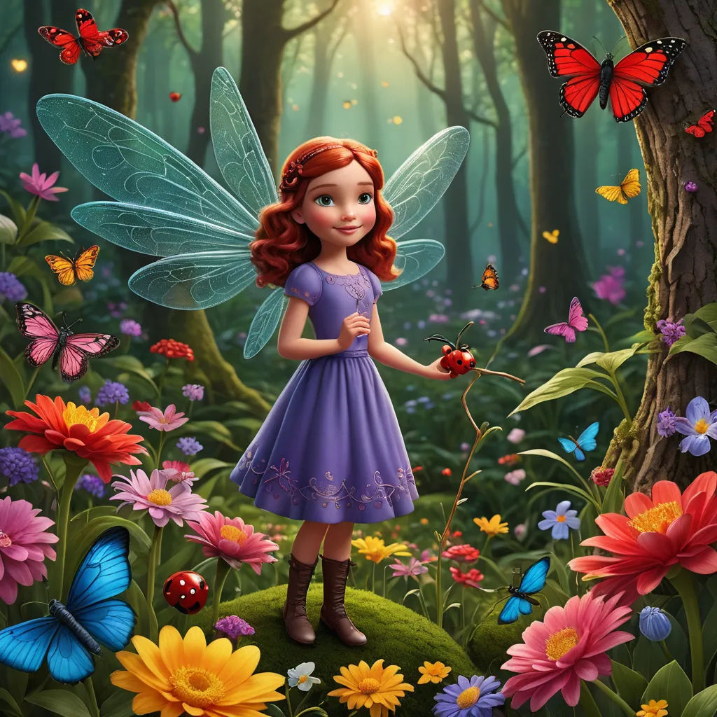 a little girl dressed in a purple dress holding a flower in a forest with butterflies around her and a butterfly in her hand, magic realism, a storybook illustration, Cliff Childs, promotional image