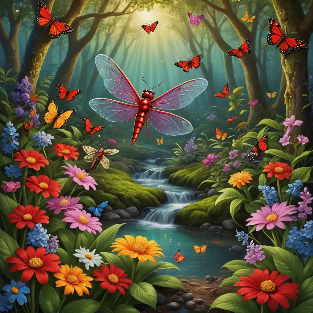 a painting of a butterfly in a forest with flowers and a stream of water surrounded by butterflies and flowers, fantasy art, a storybook illustration, Anne Stokes, nature