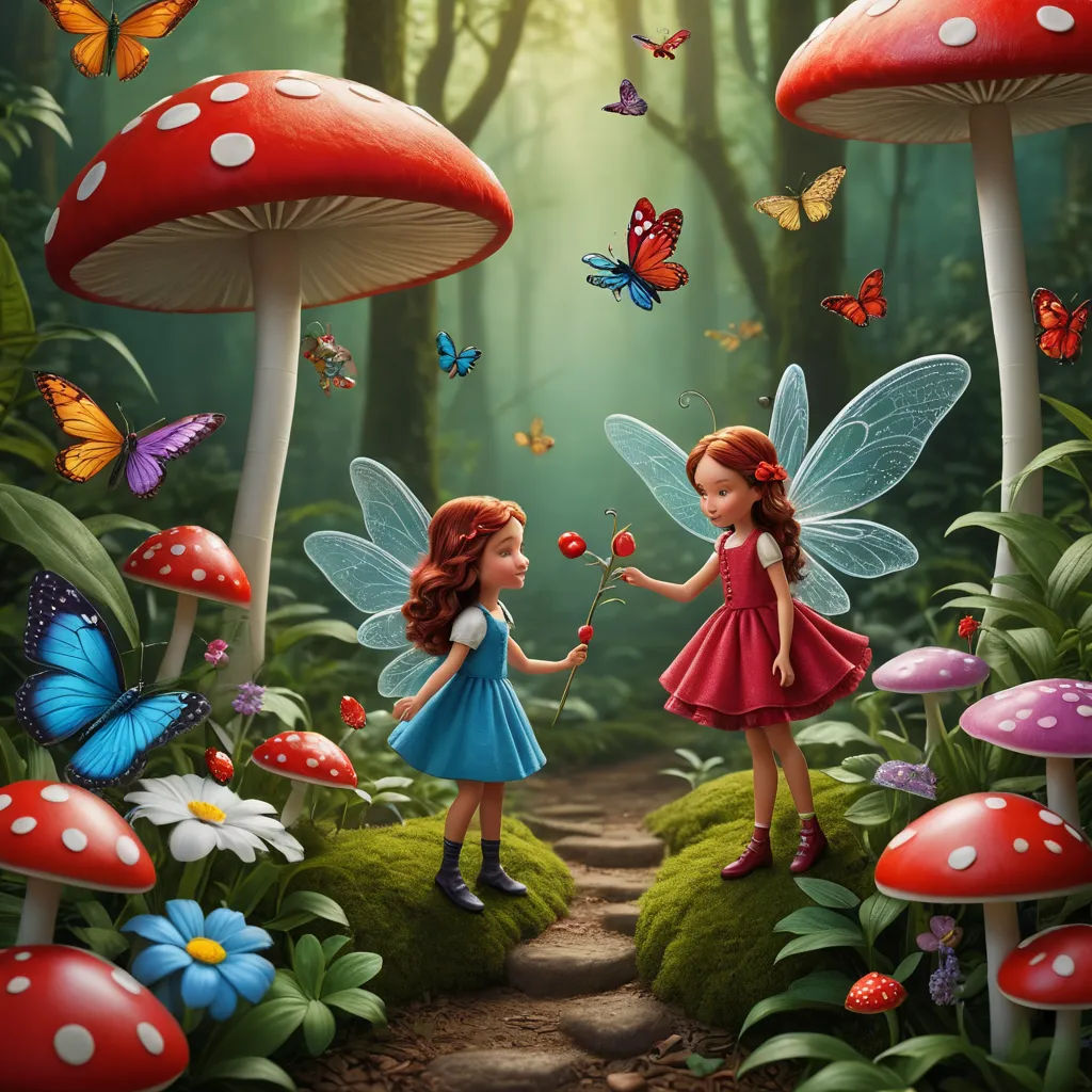 two little girls are walking through a forest with butterflies and mushrooms on the ground and a path leading to them, fantasy art, a storybook illustration, David Martin, highly detailed digital painting