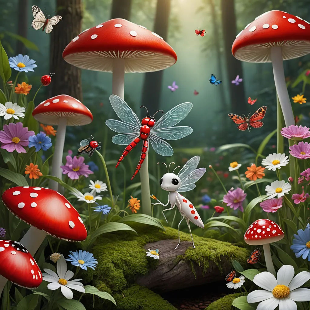 a painting of a forest with mushrooms and flowers and a bug in the foreground with a butterfly on the far end, fantasy art, a storybook illustration, David Martin, highly detailed digital painting