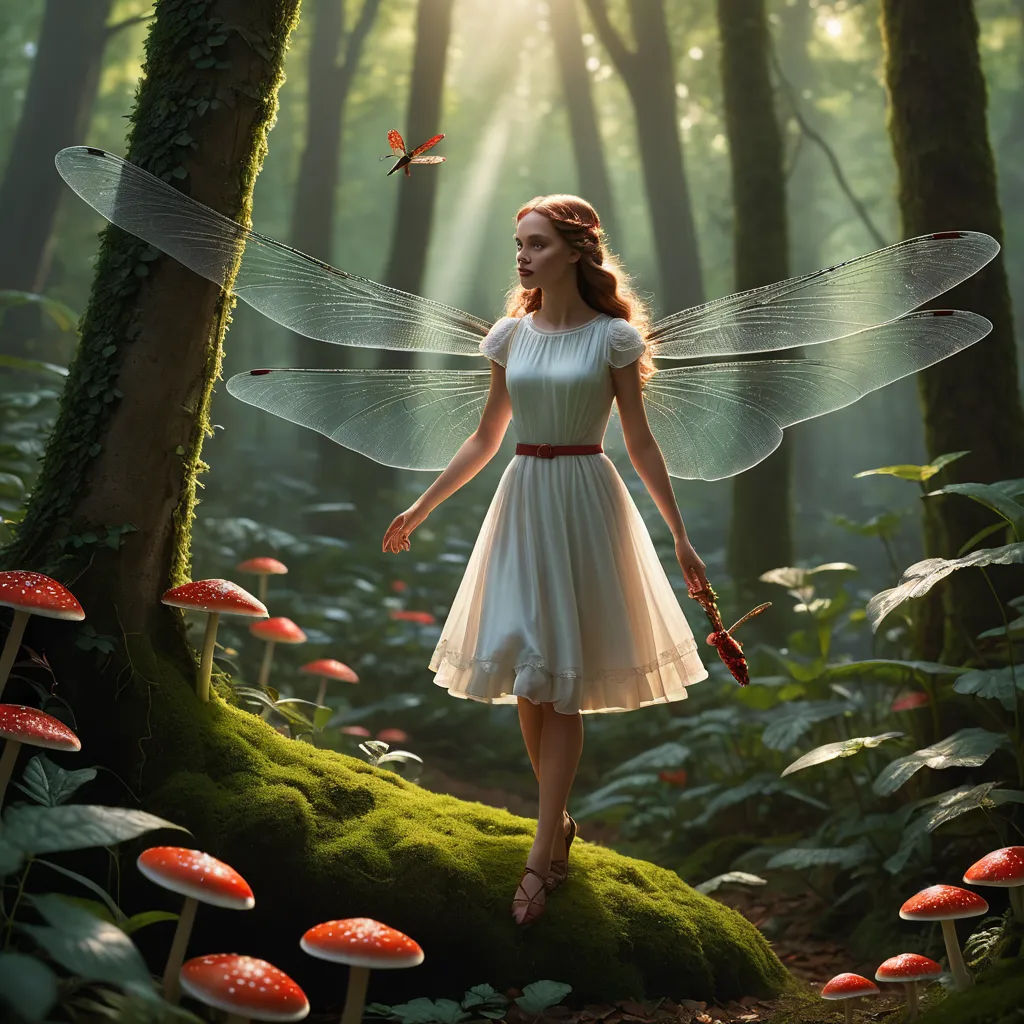 a woman in a white dress is standing in a forest with a butterfly on her shoulder and a red ribbon around her neck, fantasy art, a storybook illustration, Daphne McClure, fantasy artwork