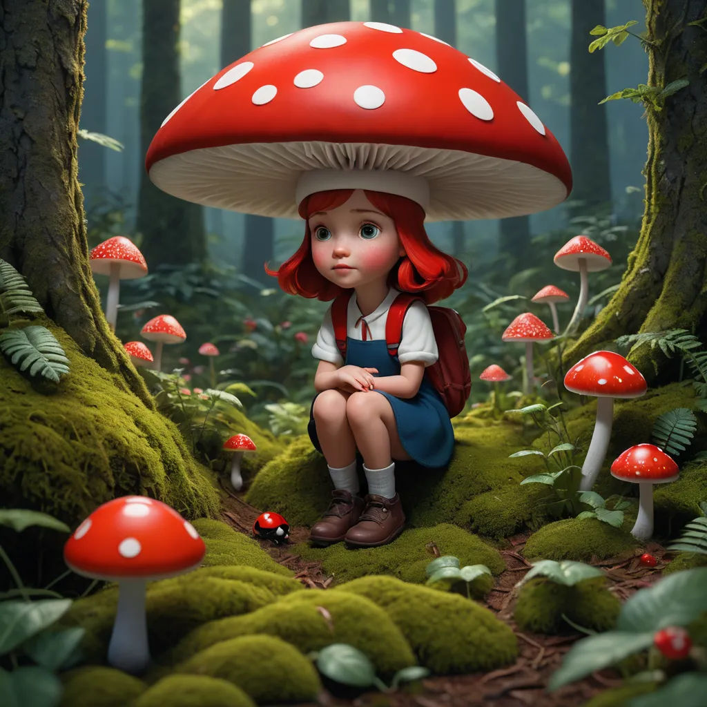 a little girl sitting on a mushroom in the forest with mushrooms around her and a red hat on her head, pop surrealism, a storybook illustration, Diego Gisbert Llorens, highly detailed digital painting