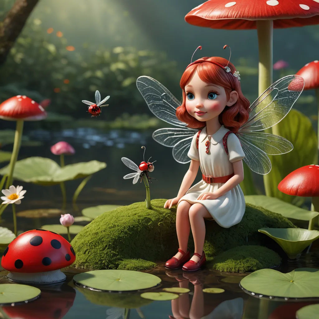 a little girl sitting on a rock in a pond with a lady bug and a lady bug on it, fantasy art, a storybook illustration, Cliff Childs, behance hd
