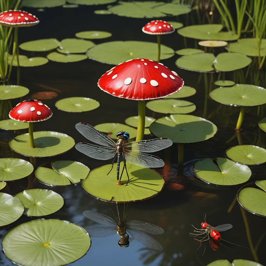 a dragon flys over a pond of lily pads and lily pads with red caps on them, with a dragon sitting on top of the lily pads, photorealism, a photorealistic painting, David Martin, highly detailed digital painting