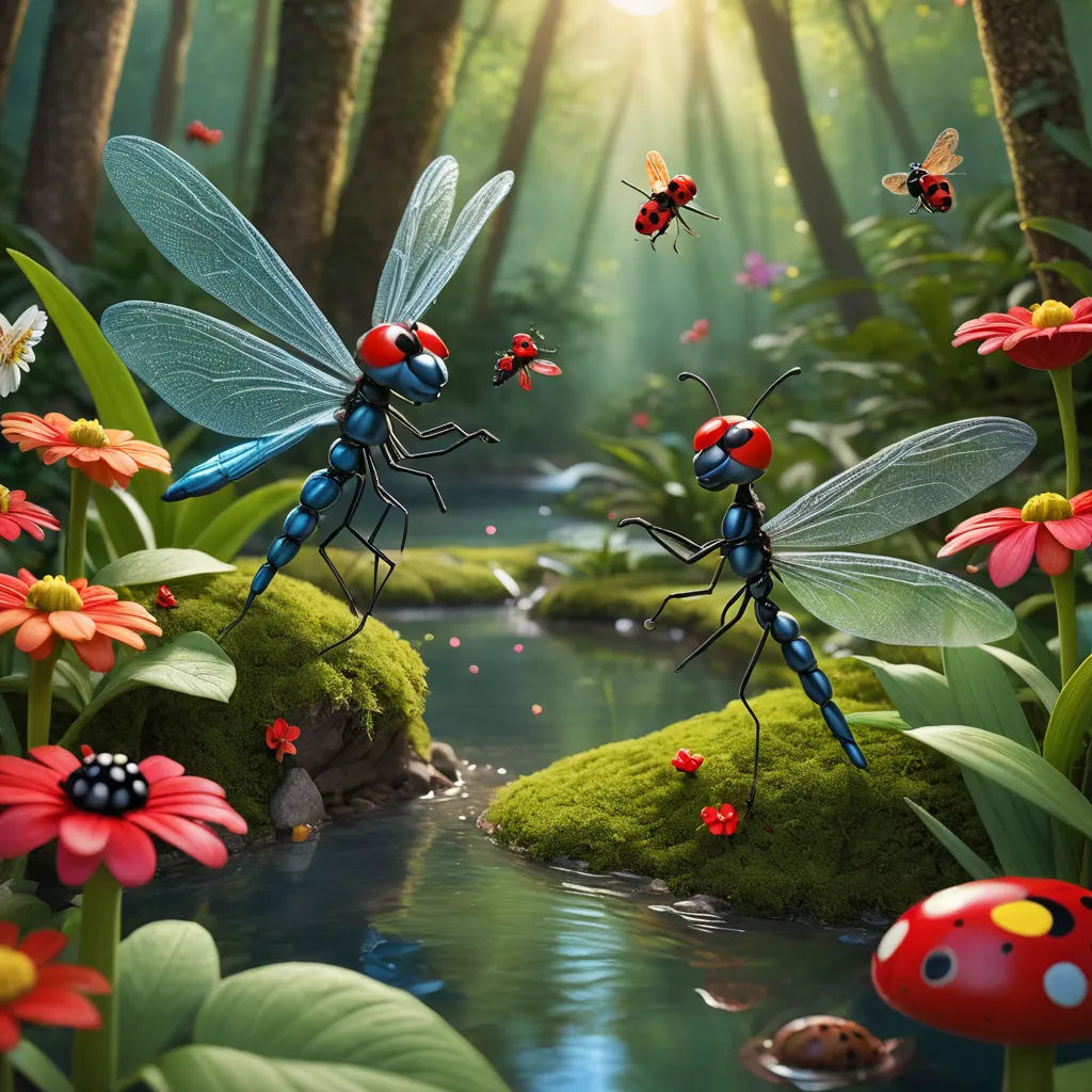 two bugs are standing on a mossy rock in a forest with flowers and a stream in the foreground, fantasy art, a detailed matte painting, Chris LaBrooy, highly detailed digital painting